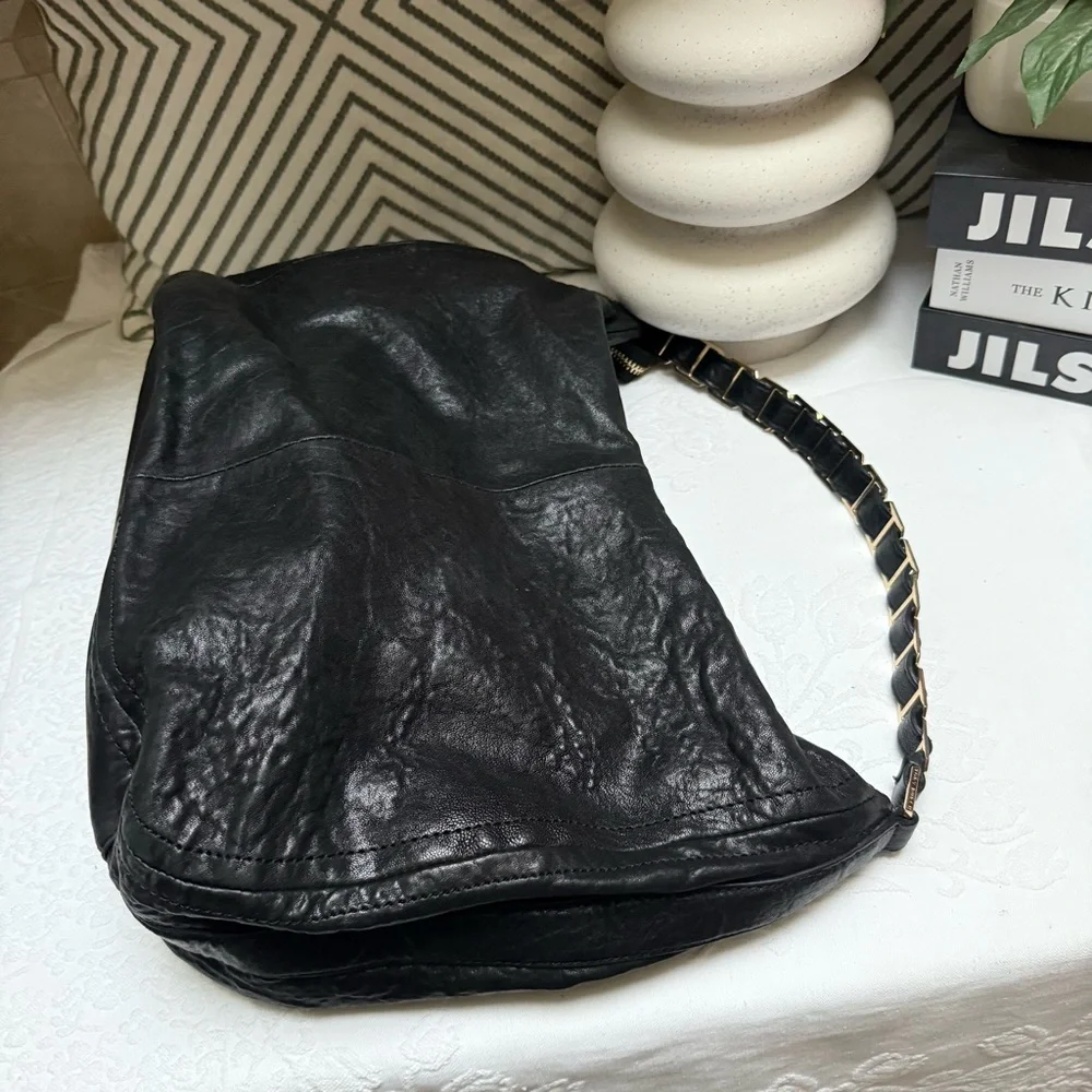 Tory Burch Black Leather Hobo with Gold Chain Detail